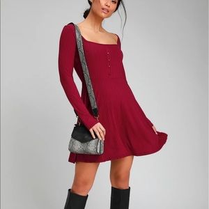 Cute Alondra Berry Red Long Sleeve Skater Dress